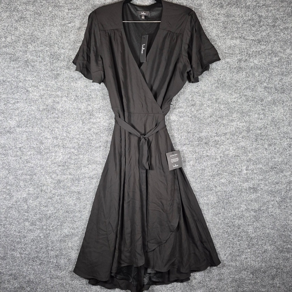 Lulus Wrap Dress Midi V Neck Flutter Sleeve XL Black New